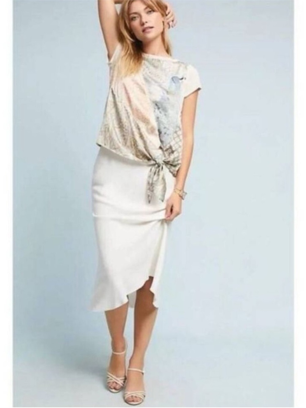 Anthropologie TINY Satin Tie-front Peacock Jodie Tee Shirt Top